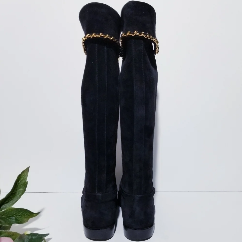 CHANEL Vintage Black Suede Leather & Signature Chain Tall Riding Boots 35